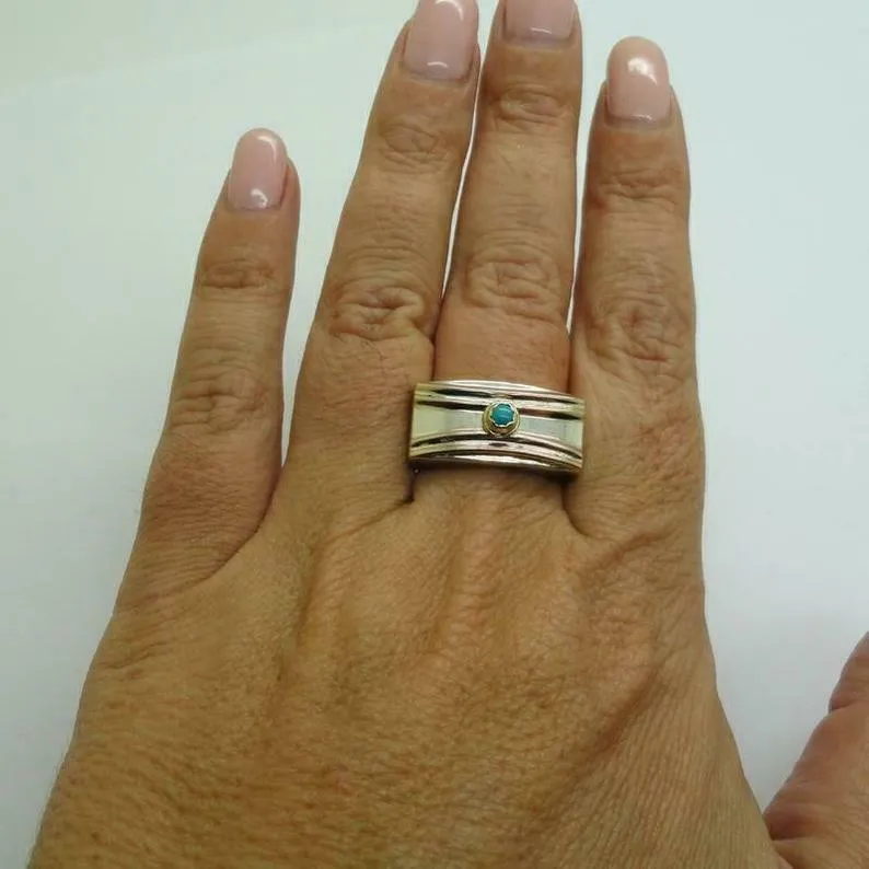 Hadar Designers Turquoise Ring Handmade 9k Yellow Gold 925 Silver sz 8,8.5()SALE