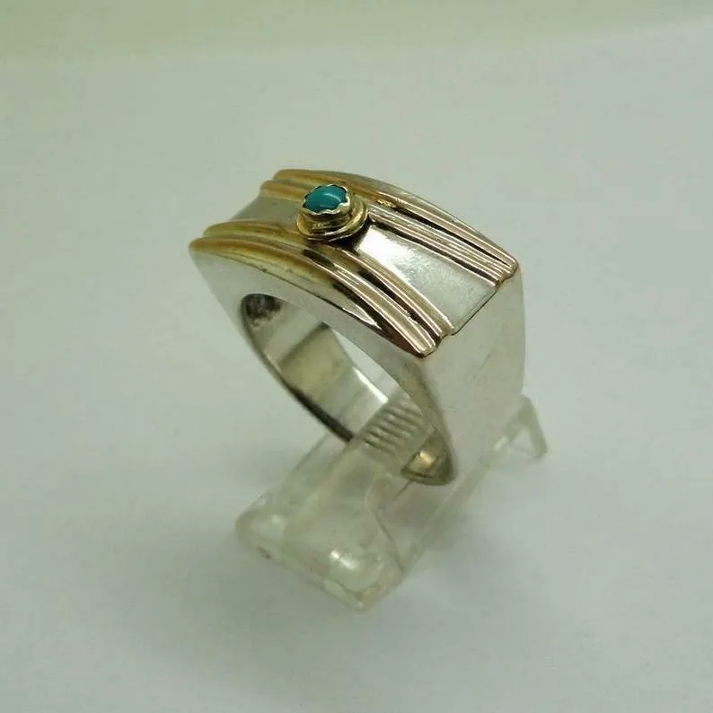 Hadar Designers Turquoise Ring Handmade 9k Yellow Gold 925 Silver sz 8,8.5()SALE