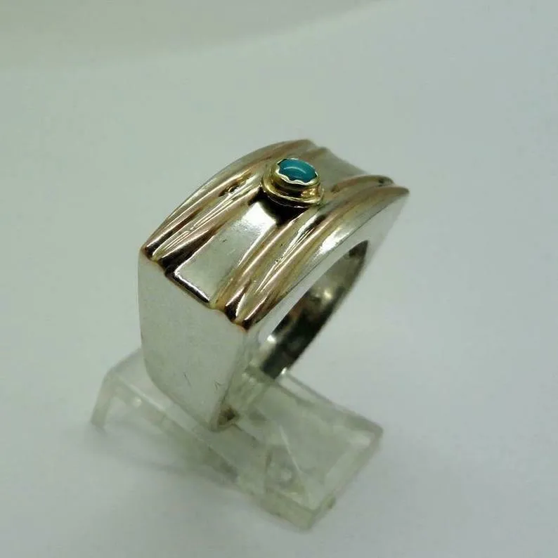 Hadar Designers Turquoise Ring Handmade 9k Yellow Gold 925 Silver sz 8,8.5()SALE