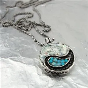 Hadar Designers Two in One 925 Sterling Silver Yin Yang Roman Glass Pendant (as