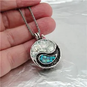 Hadar Designers Two in One 925 Sterling Silver Yin Yang Roman Glass Pendant (as