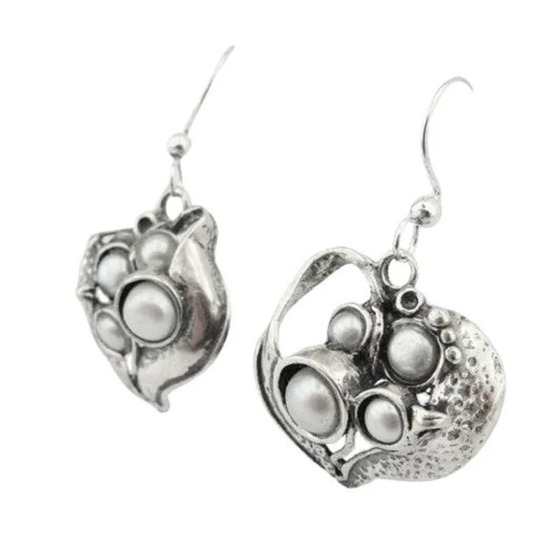 Hadar Designers White Pearl Earrings 925 Sterling Silver Dangle Handmade (H