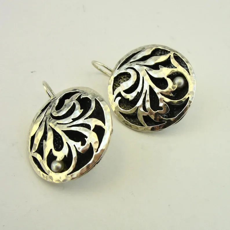 Hadar Designers white pearl earrings 925 sterling silver handmade (ms 591)