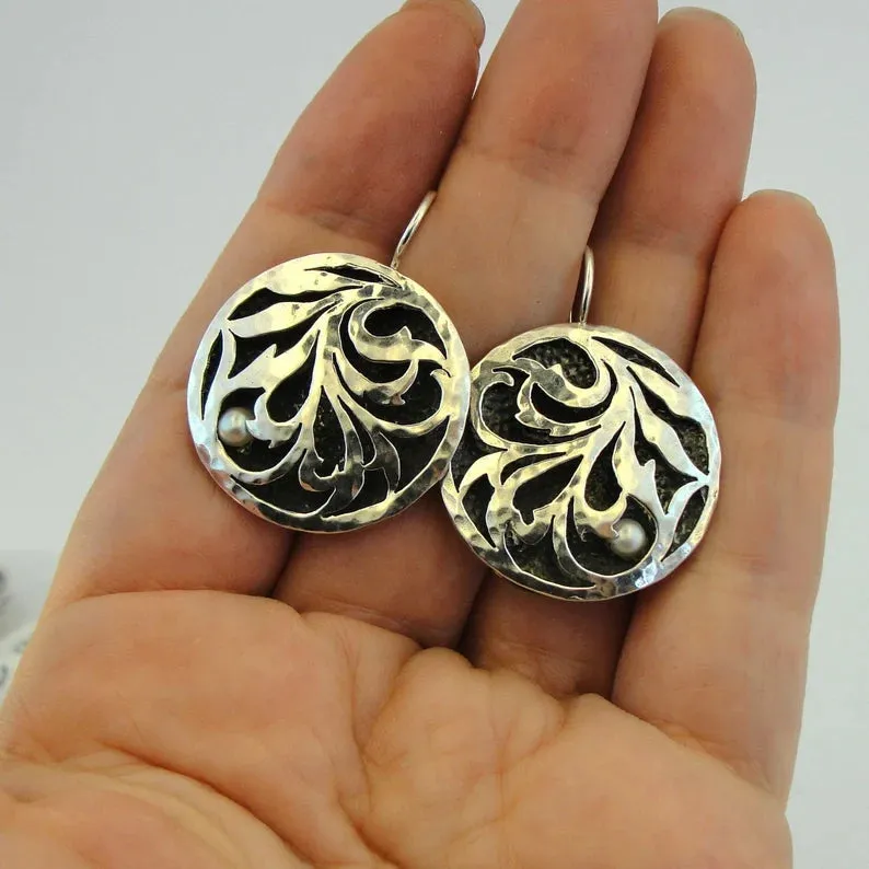 Hadar Designers white pearl earrings 925 sterling silver handmade (ms 591)