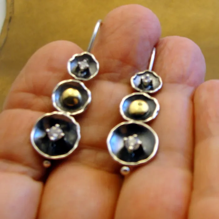 Hadar Designers White Zircon Earrings 9k Yellow Gold 925 Silver Handmade (ms) y