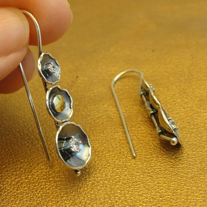 Hadar Designers White Zircon Earrings 9k Yellow Gold 925 Silver Handmade (ms) y