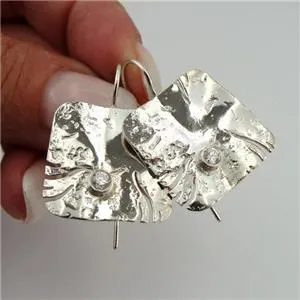 Hadar Designers White Zircon Earrings "Wild" Handmade Art 925 Sterling Silver (y