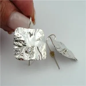 Hadar Designers White Zircon Earrings "Wild" Handmade Art 925 Sterling Silver (y