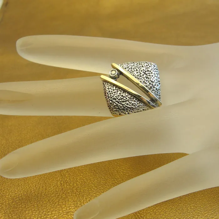 Hadar Designers White Zircon Ring 9k Yellow Gold 925 Silver Art 7,8,8.5,9 (Ms) y