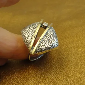 Hadar Designers White Zircon Ring 9k Yellow Gold 925 Silver Art 7,8,8.5,9 (Ms) y