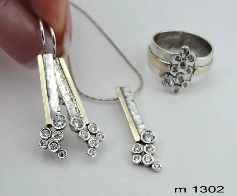 Hadar Designers Zircon Earrings Handmade 9k Yellow Gold 925 Sterling Silver (Ms)