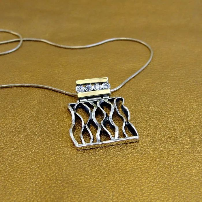 Hadar Designers Zircon Pendant 9k Yellow Gold 925 Silver Artist Handmade (ms)Y
