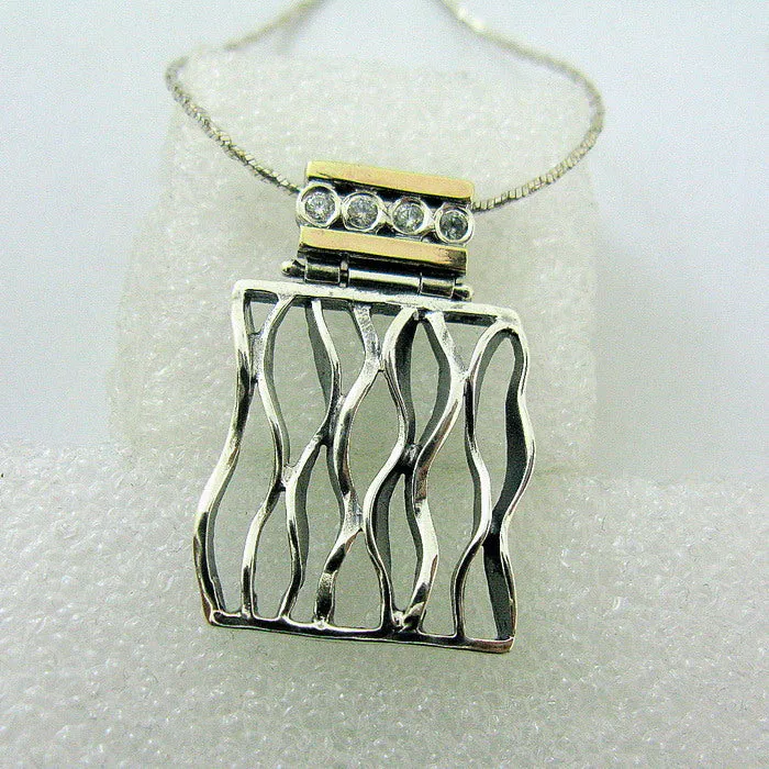 Hadar Designers Zircon Pendant 9k Yellow Gold 925 Silver Artist Handmade (ms)Y