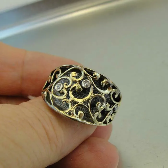 Hadar Designers Zircon Ring sz 6,7,8,9, Handmade 9k Yellow Gold 925 Silver (I)6y