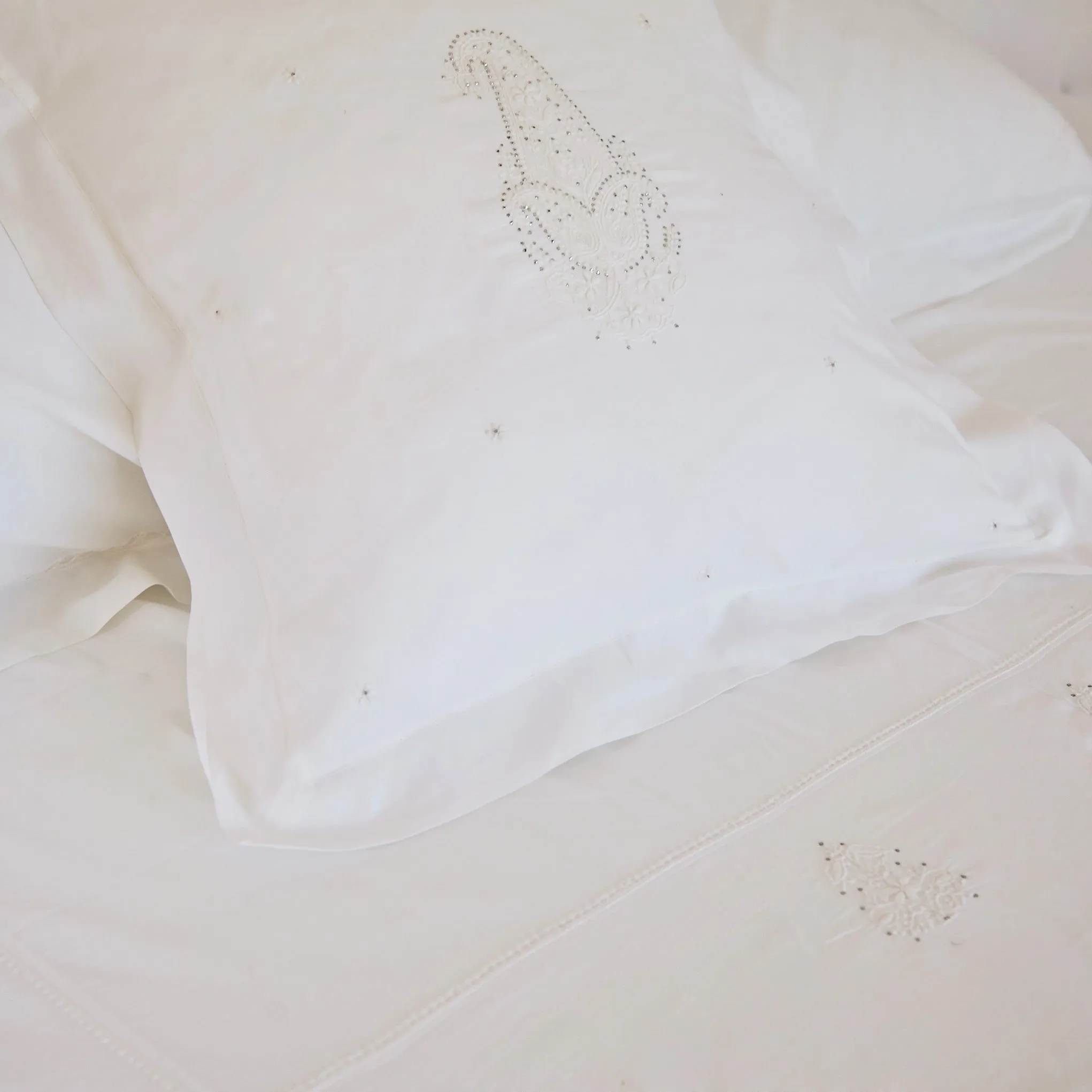 Hand Embroidered Paisley Cushion Cover with Silver Mukesh Jewels