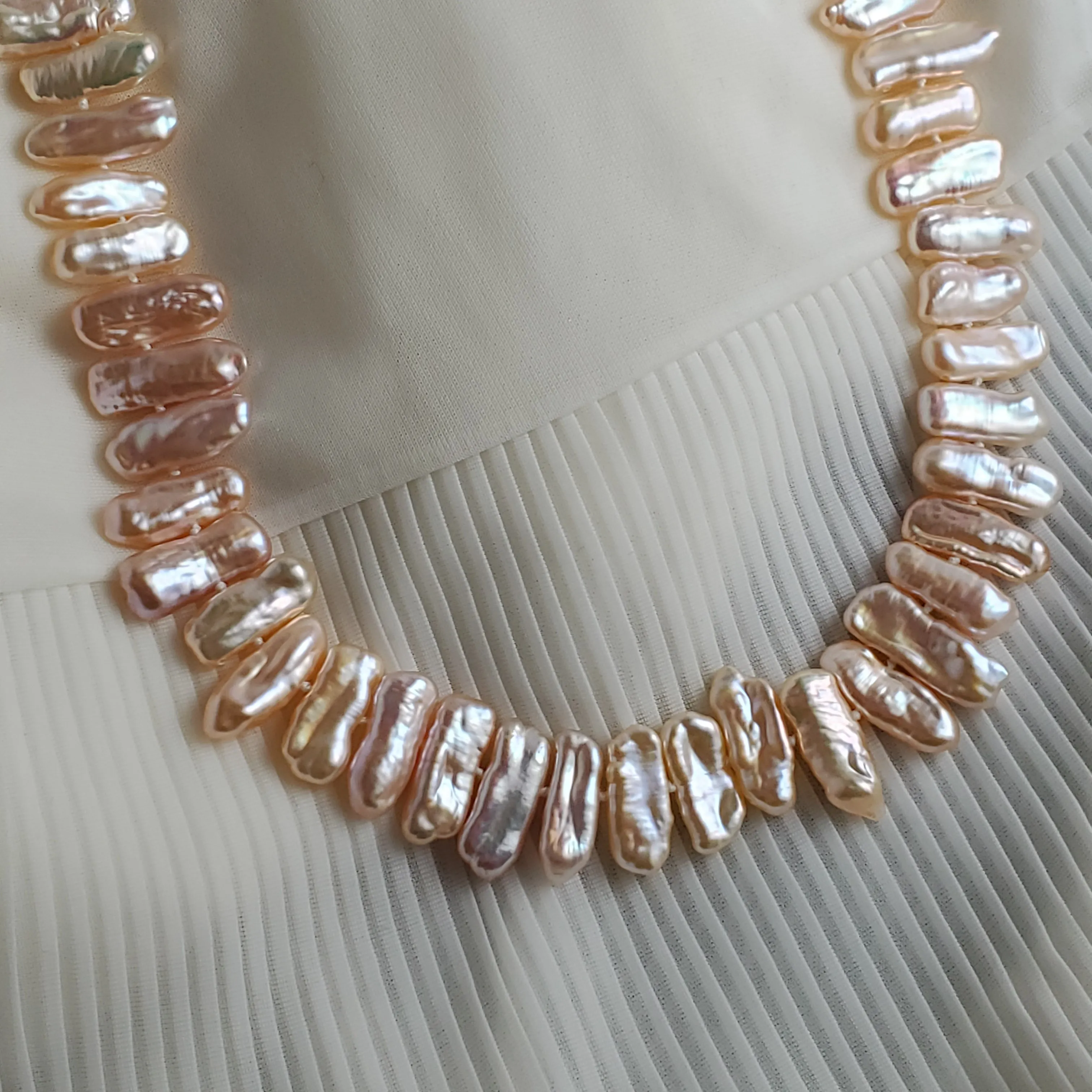 High-luster Peachy Pink Stick Biwa Freshwater Pearl Necklace, Hand knotted Natural Pearls, Wedding Pearl Necklace.