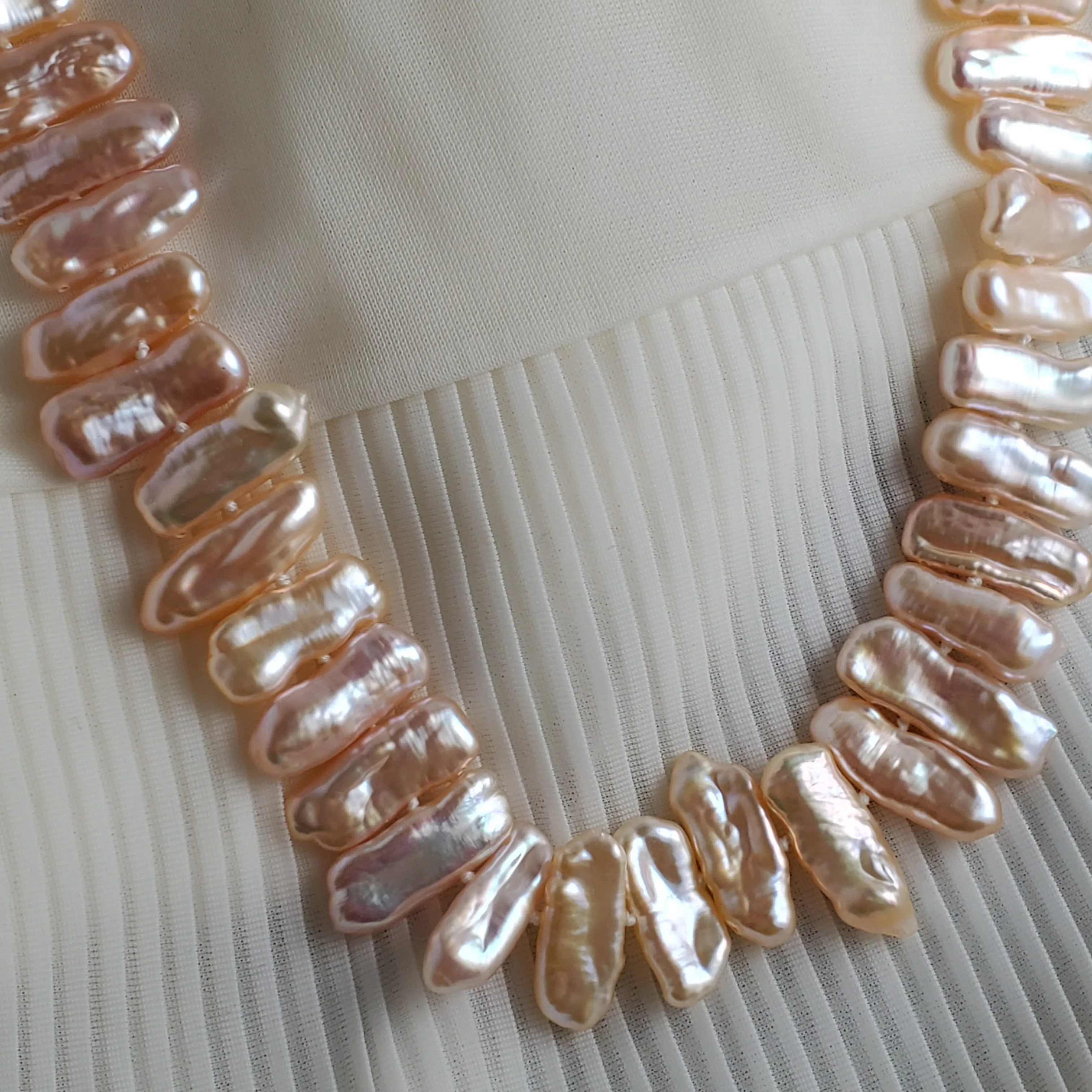 High-luster Peachy Pink Stick Biwa Freshwater Pearl Necklace, Hand knotted Natural Pearls, Wedding Pearl Necklace.