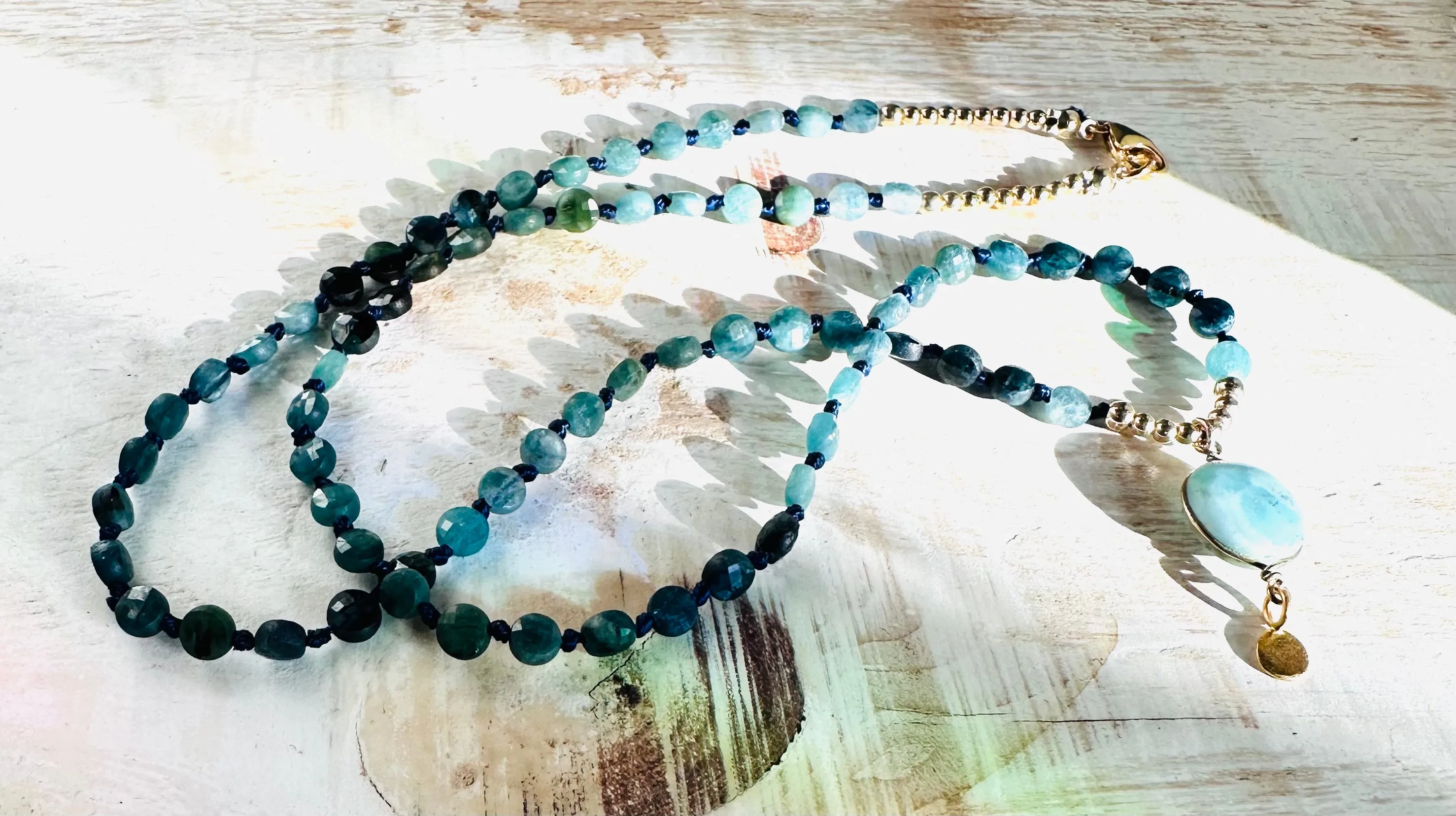 Indocholite Blue Tourmaline and Larimar Knotted Necklace*