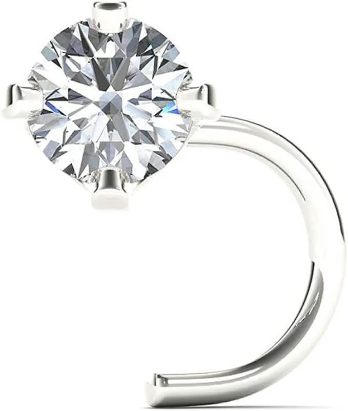 JewelMore Diamond Nose Stud 14K White or Yellow Gold Nose Ring Twist Screw 20 Gauge I1 Clarity (3mm 0.1 ct. tw)