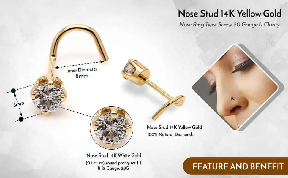 JewelMore Diamond Nose Stud 14K White or Yellow Gold Nose Ring Twist Screw 20 Gauge I1 Clarity (3mm 0.1 ct. tw)