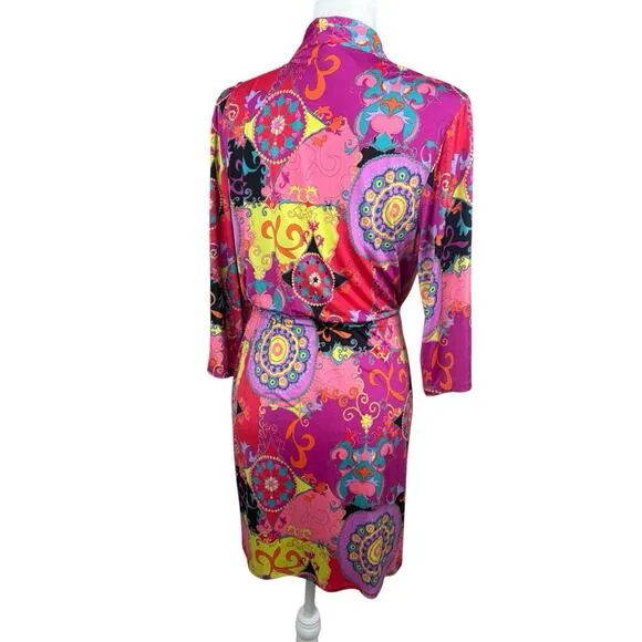 Josie Natori Robe Womens Size M Pink Paisley Kimono Short Groovy Vibrant Retro