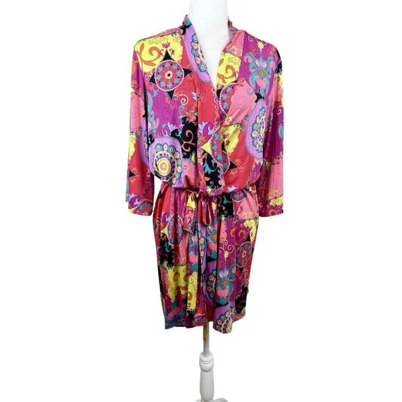 Josie Natori Robe Womens Size M Pink Paisley Kimono Short Groovy Vibrant Retro