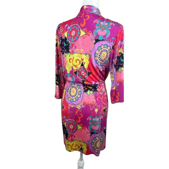 Josie Natori Robe Womens Size M Pink Paisley Kimono Short Groovy Vibrant Retro