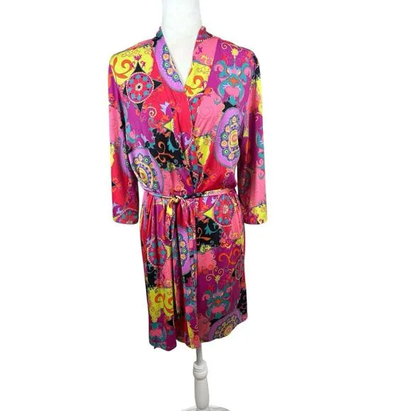 Josie Natori Robe Womens Size M Pink Paisley Kimono Short Groovy Vibrant Retro