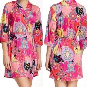 Josie Natori Robe Womens Size M Pink Paisley Kimono Short Groovy Vibrant Retro