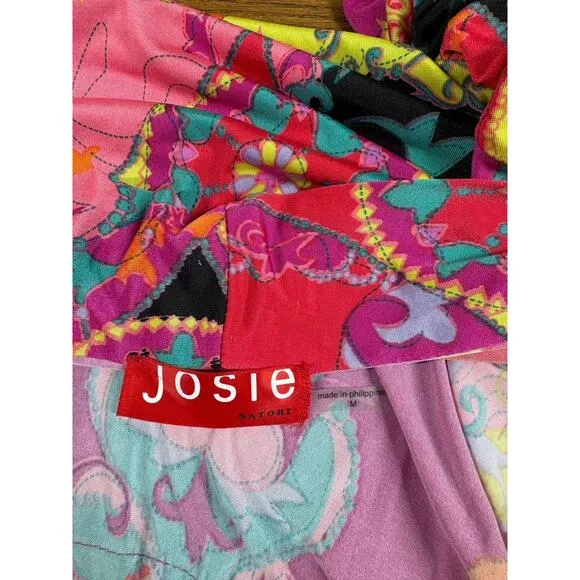 Josie Natori Robe Womens Size M Pink Paisley Kimono Short Groovy Vibrant Retro