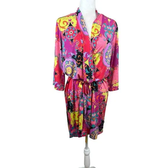 Josie Natori Robe Womens Size M Pink Paisley Kimono Short Groovy Vibrant Retro