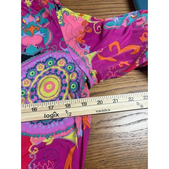 Josie Natori Robe Womens Size M Pink Paisley Kimono Short Groovy Vibrant Retro
