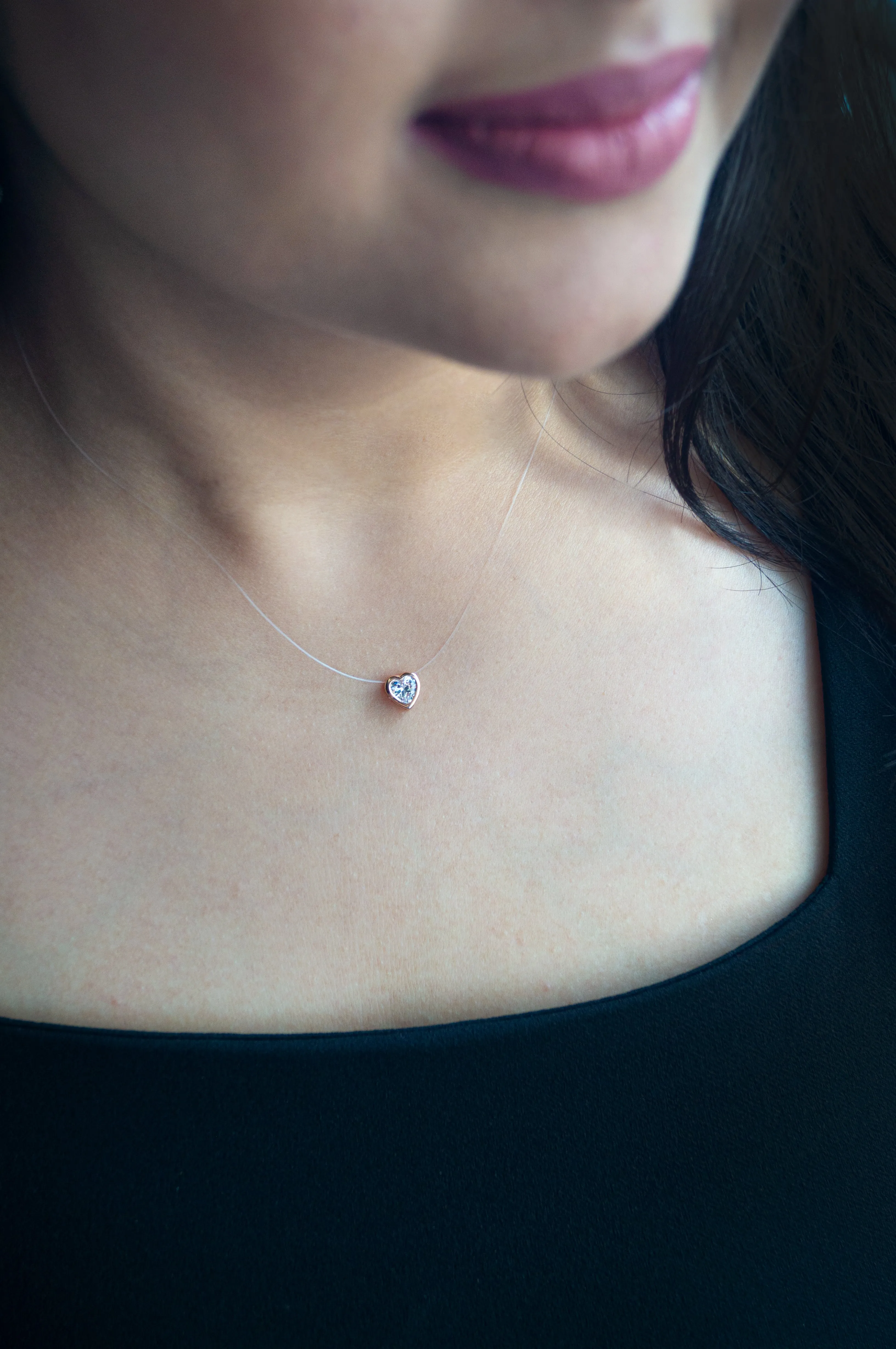 Just The Pretty Heart Rose Gold Plated Sterling Silver Pendant Nylon Thread Necklace