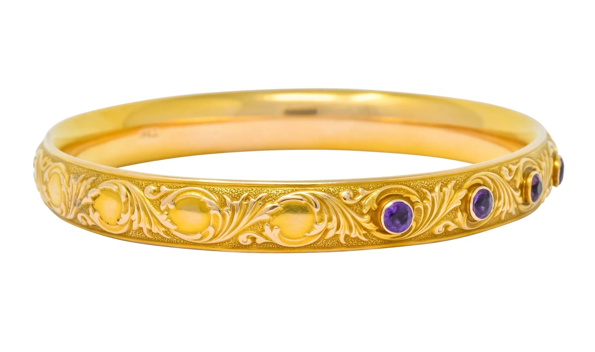 Krementz Art Nouveau Amethyst 14 Karat Gold Engraved Bangle Bracelet Circa 1900