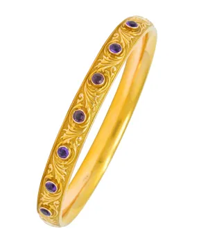 Krementz Art Nouveau Amethyst 14 Karat Gold Engraved Bangle Bracelet Circa 1900