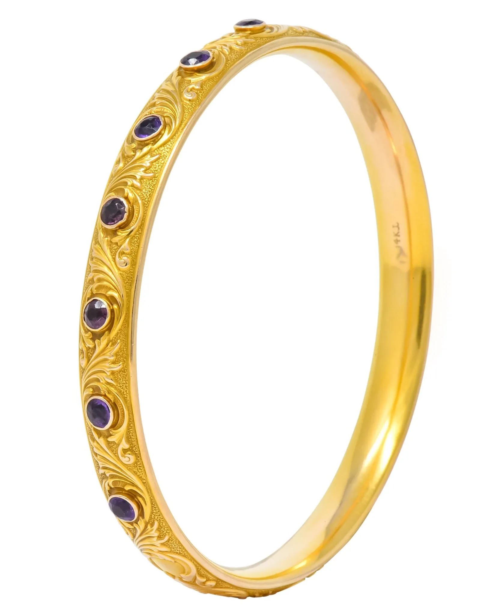 Krementz Art Nouveau Amethyst 14 Karat Gold Engraved Bangle Bracelet Circa 1900