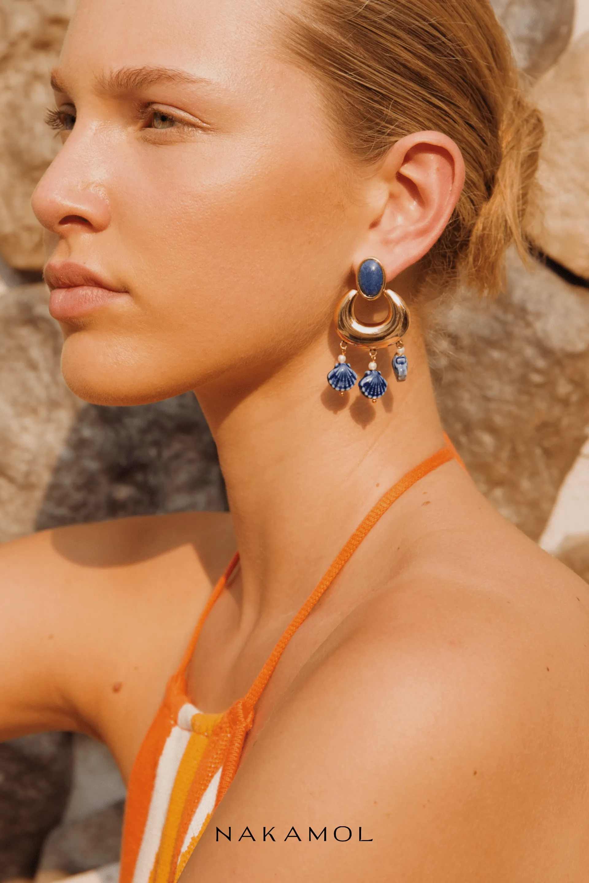 Lapis Mix Gold Shell Drop Earrings