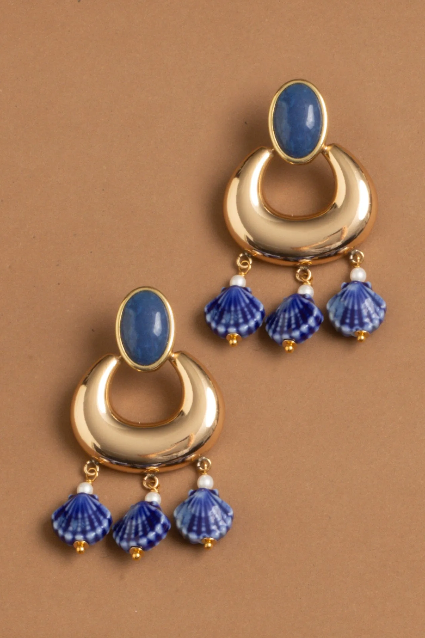 Lapis Mix Gold Shell Drop Earrings
