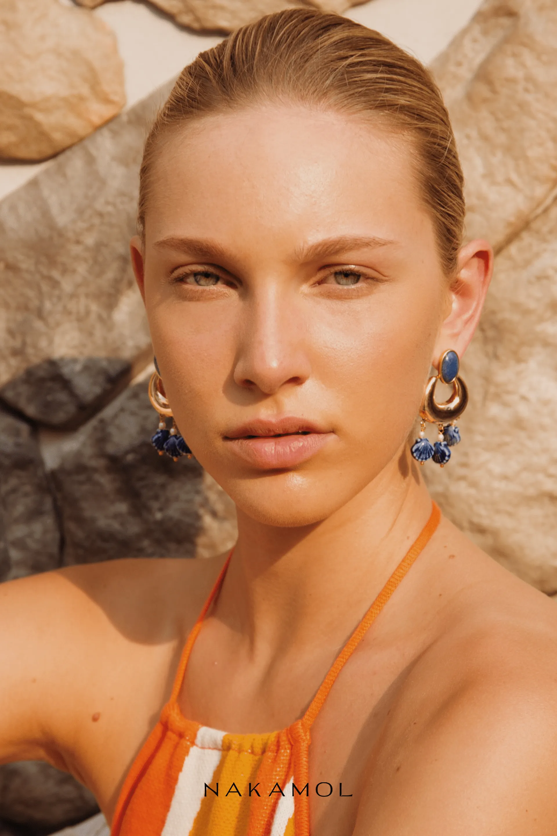 Lapis Mix Gold Shell Drop Earrings