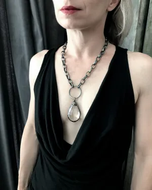 MEDIEVAL: Large Clear Glass Teardrop Necklace with Chunky Antique Silver Chain