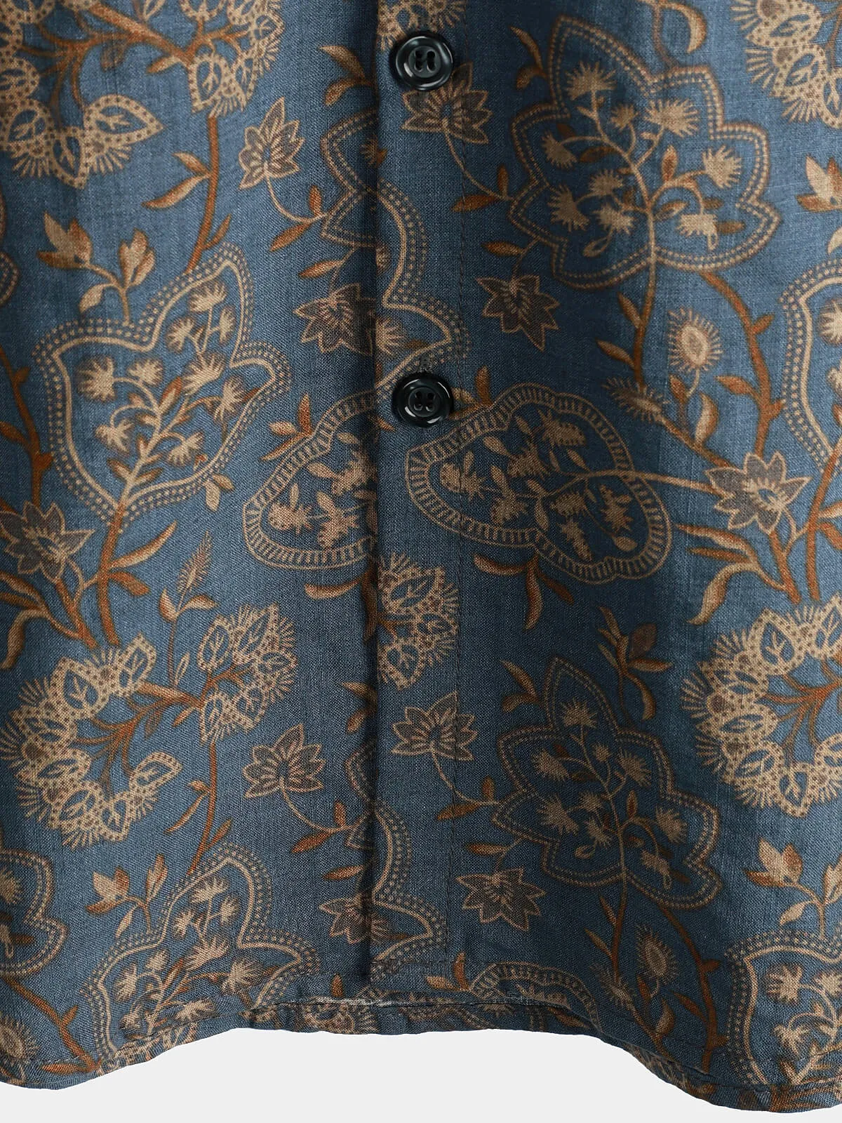 Men's Paisley Vintage Floral 70s Retro Button Up Beach Short Sleeve Shirt