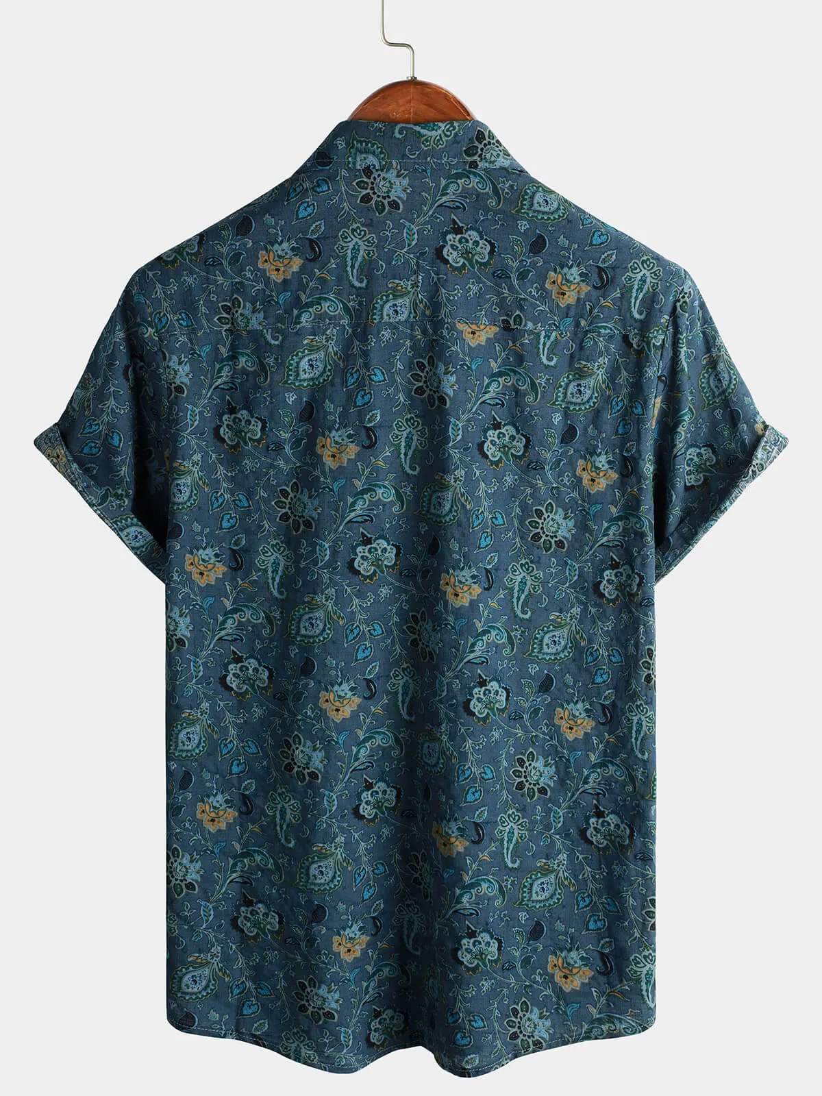 Men's Paisley Vintage Floral Retro Button Up Blue Summer Holiday Short Sleeve Shirt