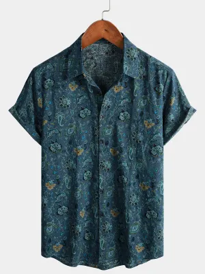 Men's Paisley Vintage Floral Retro Button Up Blue Summer Holiday Short Sleeve Shirt