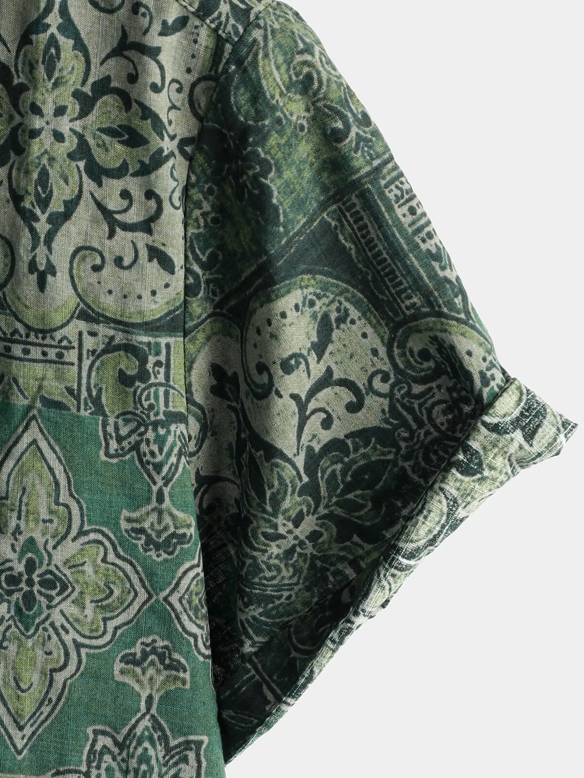 Men's Retro Floral Paisley Print Cotton Button Up Vintage Holiday Western Green Short Sleeve Shirt