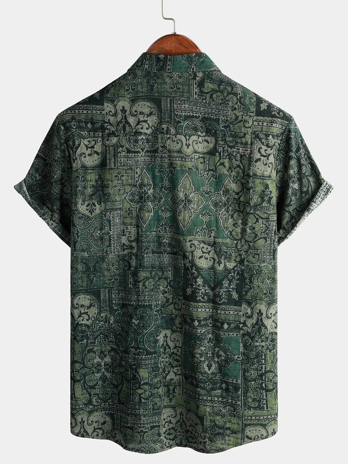 Men's Retro Floral Paisley Print Cotton Button Up Vintage Holiday Western Green Short Sleeve Shirt