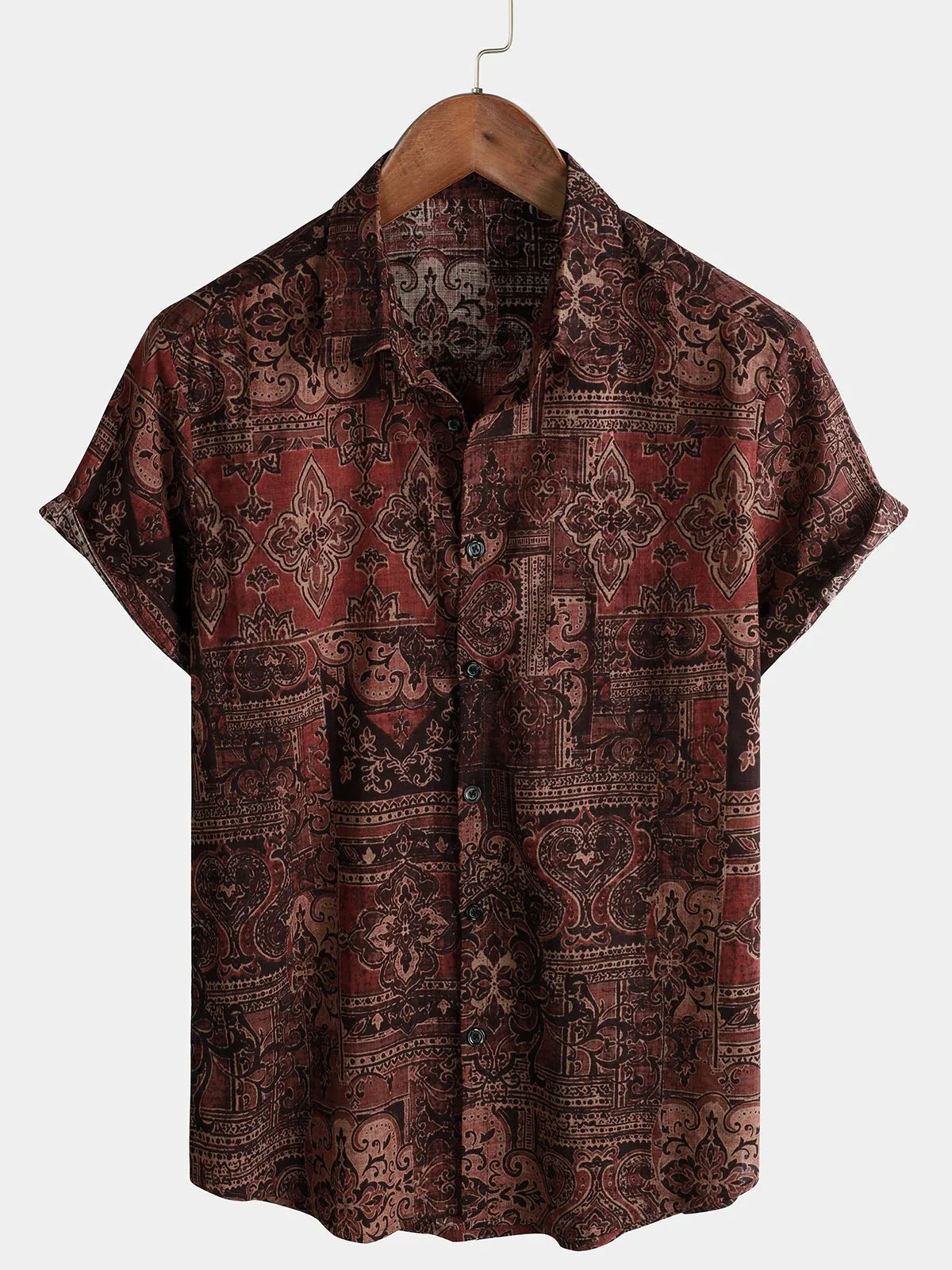 Men's Retro Floral Paisley Print Cotton Button Up Vintage Holiday Western Green Short Sleeve Shirt