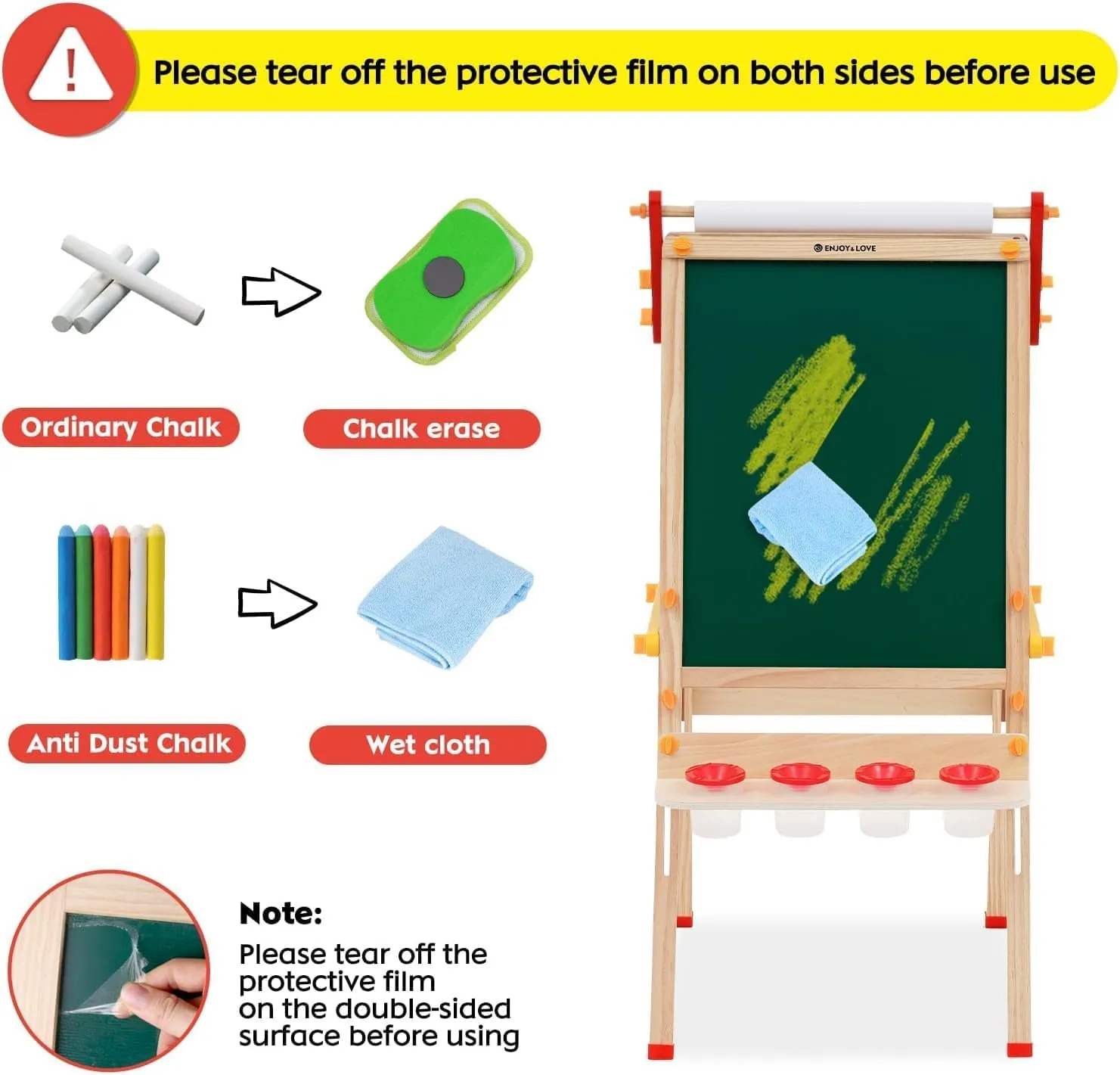 Montessori Height Adjustable Eco Folding Wood Easel | Whiteboard, Blackboard | Paper Roll | Large Accessory Pack | 3-8 Years