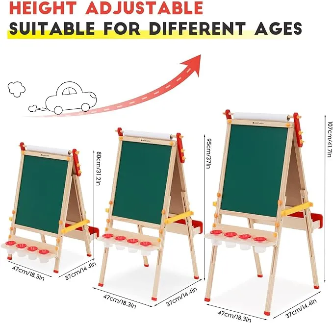 Montessori Height Adjustable Eco Folding Wood Easel | Whiteboard, Blackboard | Paper Roll | Large Accessory Pack | 3-8 Years