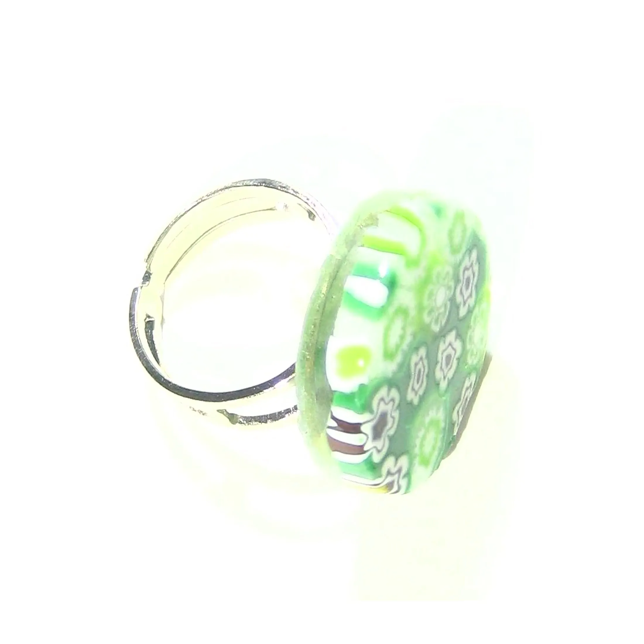 Murano Glass Green and White Large Millefiori Ring