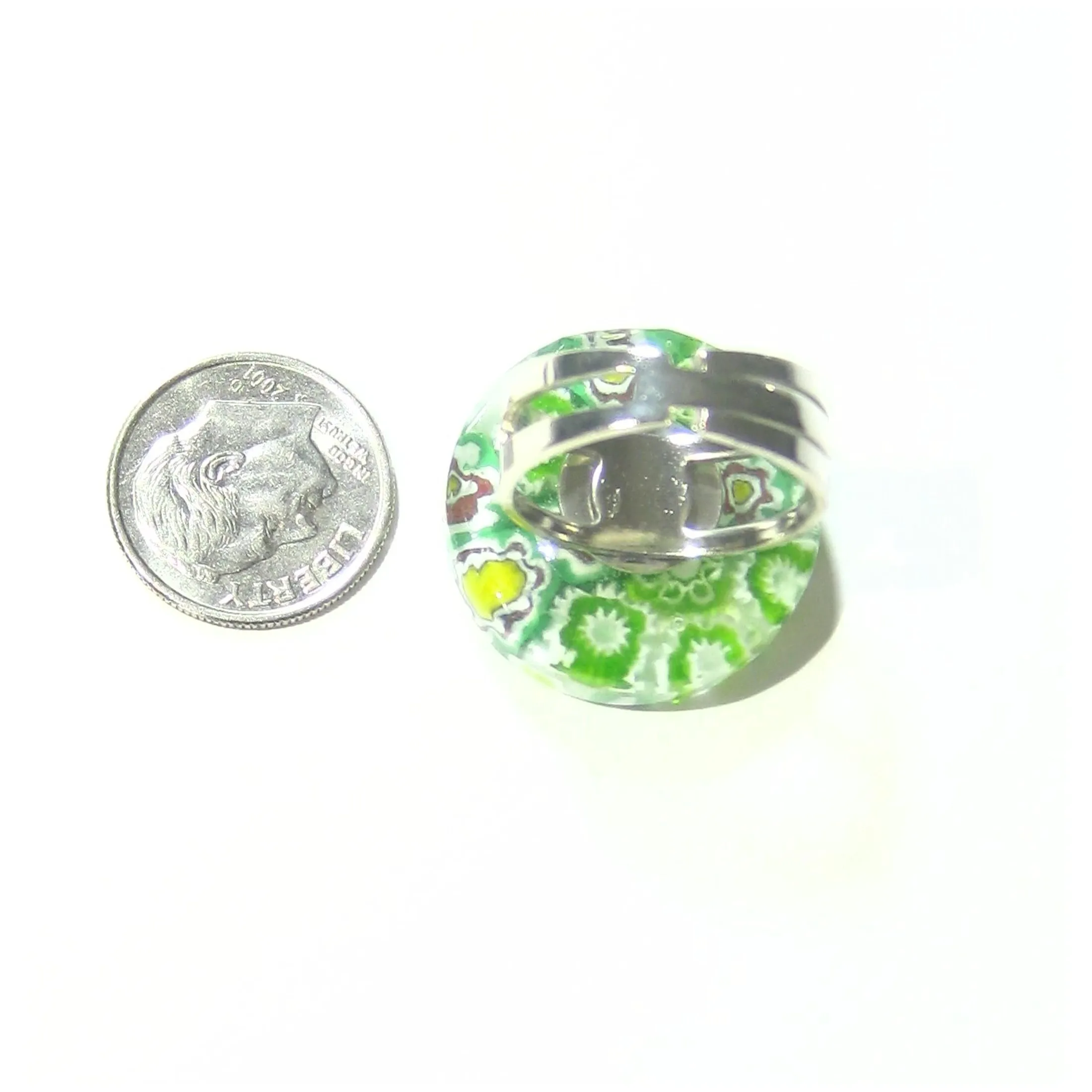 Murano Glass Green and White Large Millefiori Ring